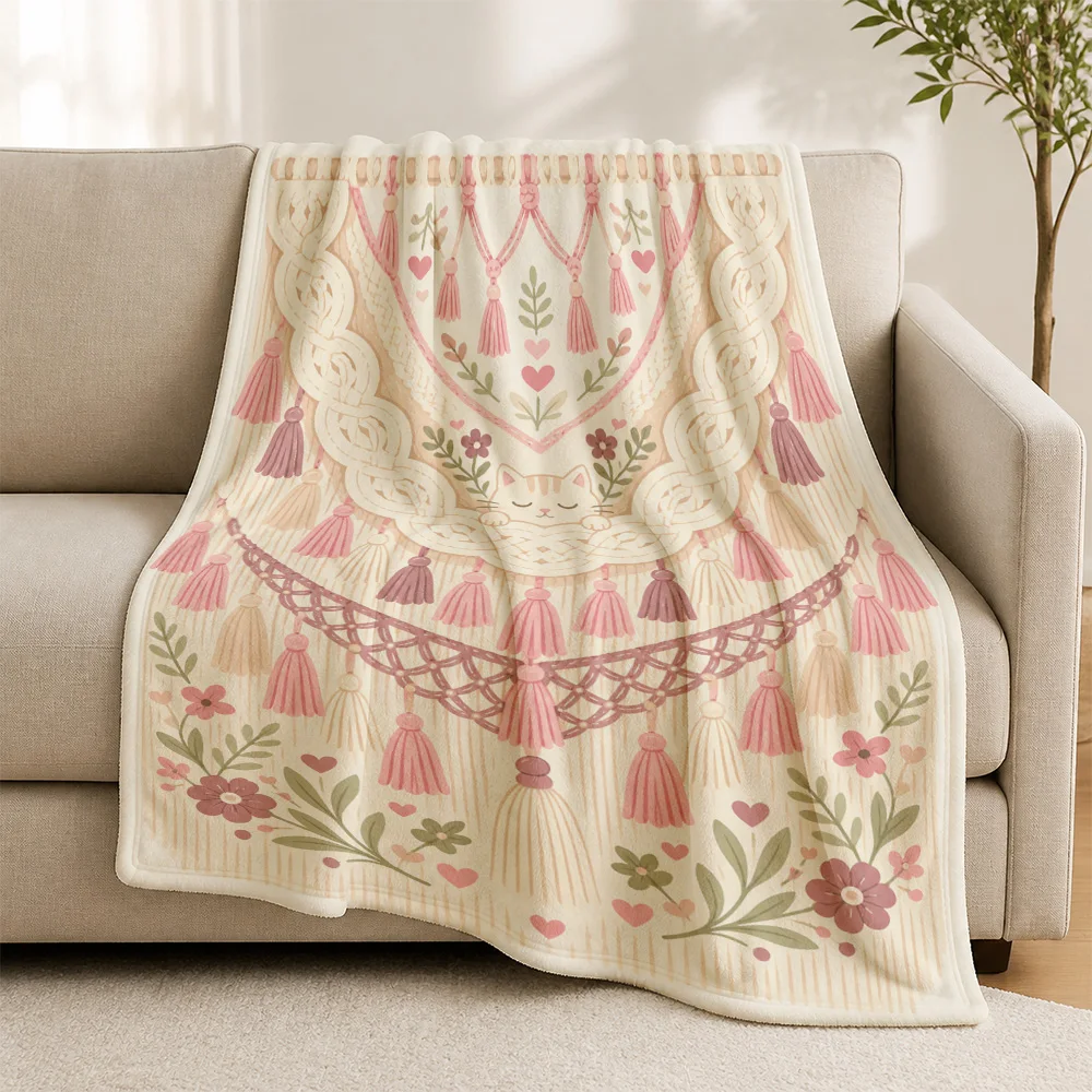 Chunky Knit Throw Blanket Cottagecore Floral Cat Pattern Sofa Throw Decorative Cozy Bedding Boho Home Accent Gift for Couch Deco