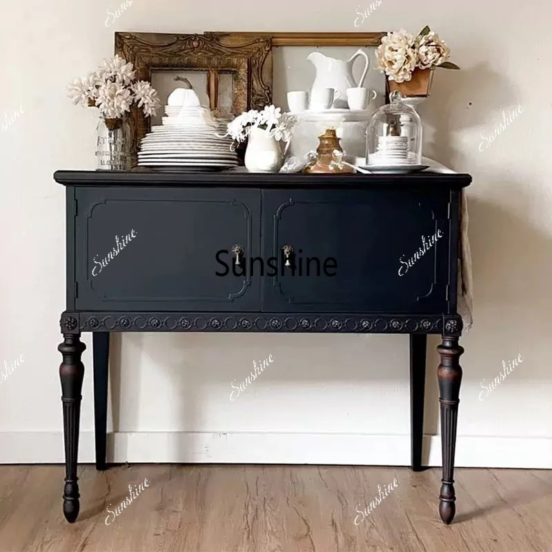 French retro black solid wood entrance cabinet decorative storage