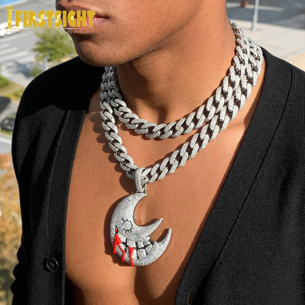Iced Out Bling Big CZ Moon Mouth Pendant Necklace Silver Color Cubic Zircon Red Dripping Lips Charm Hip Hop Men Women Jewelry