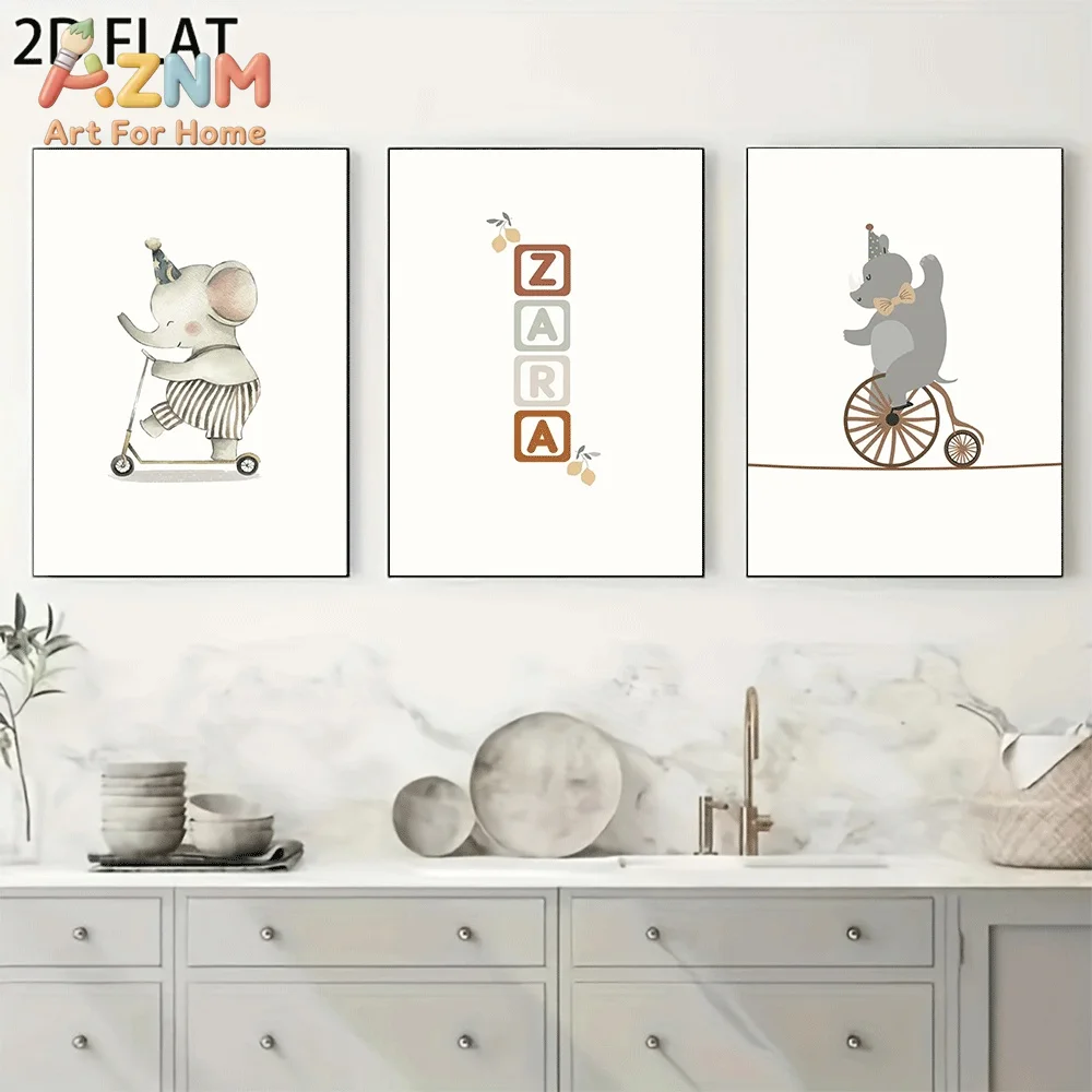 AZNM Watercolor Custom Name Elephant Rhino Circus Canvas Wall Art, Cute Animal Scooter Bicycle Neutral Soft Tone Print Painting