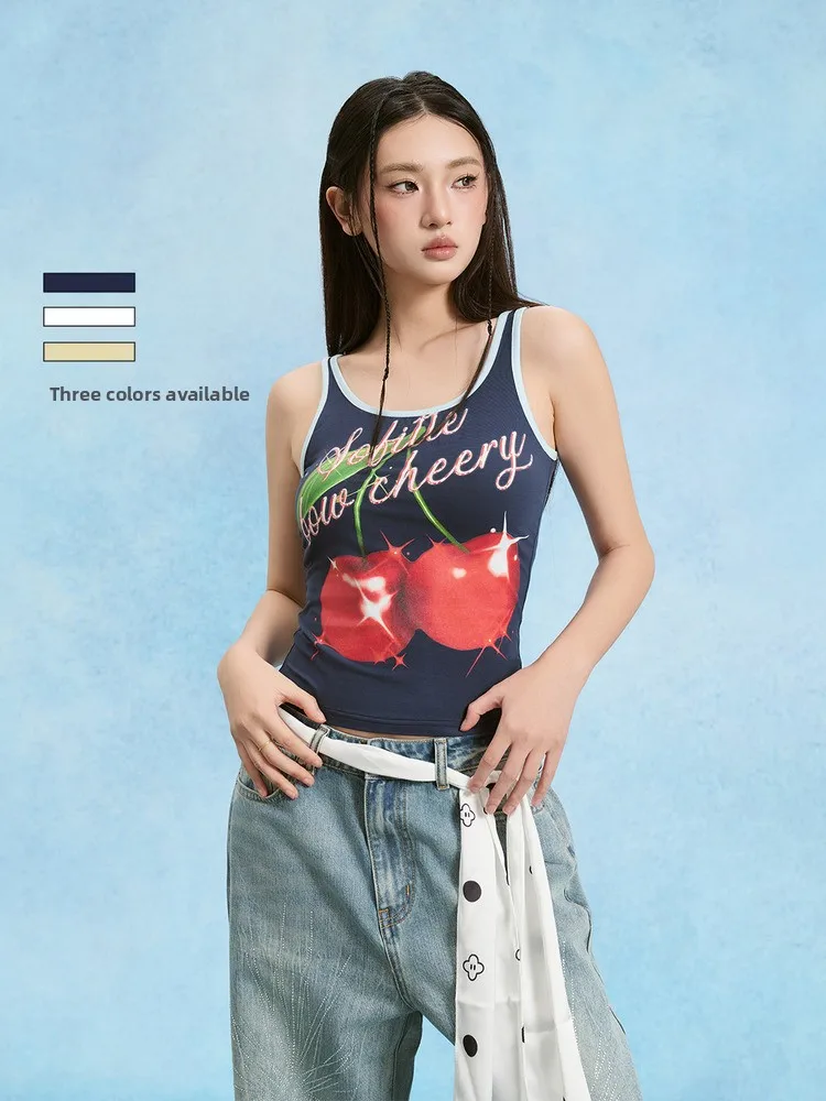 

SOFITTE Sweet Cherry Print Color Blo Vest Women's Slim Fit Tank Top Korean Casual Sle Printed Design Summer Faion