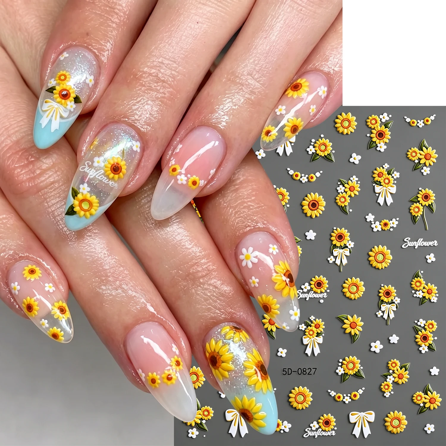 2Pcs 5D Embossed Sunflower White Bow Nail Stickers Summer Little Daisy Pearl Floral Relief Self Adhesive Nail Decals Nail Decora