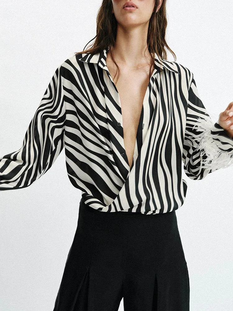 Spring New Arrival Women's Casual Long Sleeve Collared Animal Feather Print Shirt European Style down Filling Other 100%