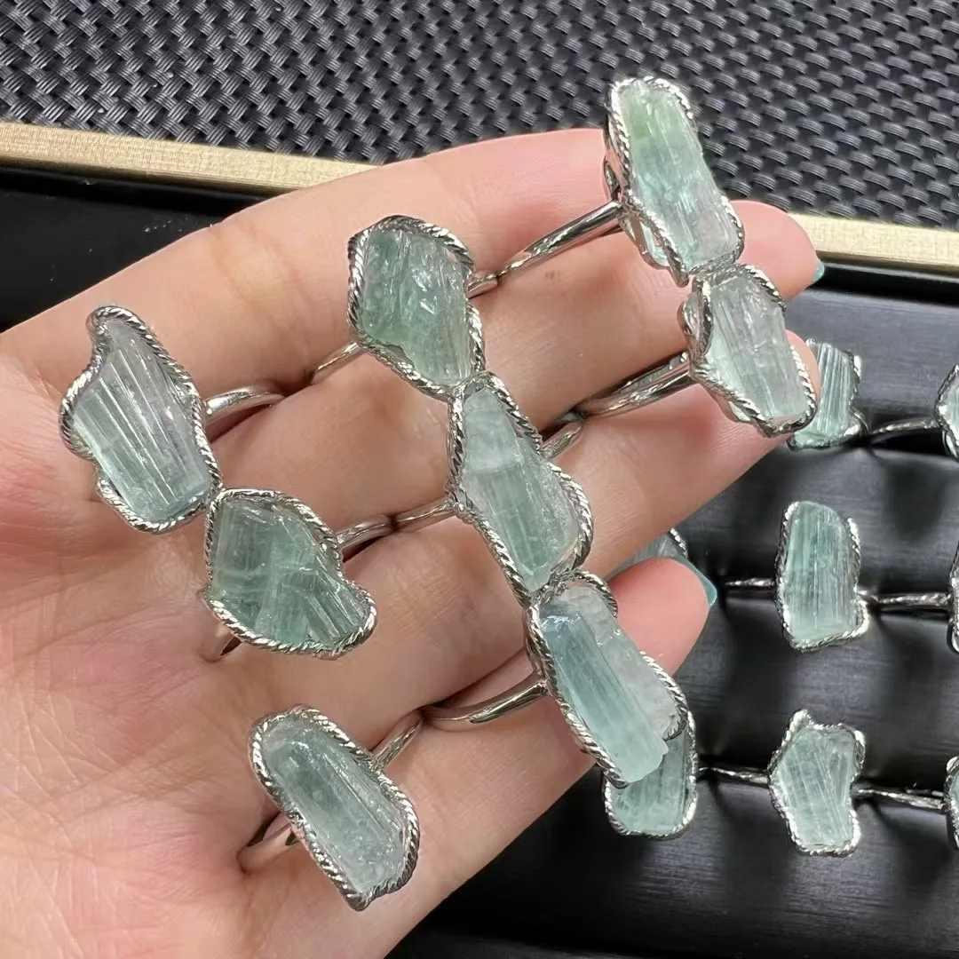 1 Pc Fengbaowu Natural Raw Rough Blue Tourmaline Ring 925 Sterling Silver Reiki Healing Stone Jewelry Gift Men Women