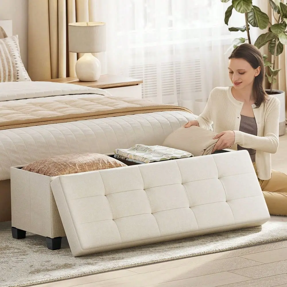 Storage Ottoman Bench, Foldable Foot Rest With Legs, End Of Bed Bench, Storage Chest, For Living Room, Bedroom, Entryway, Cream