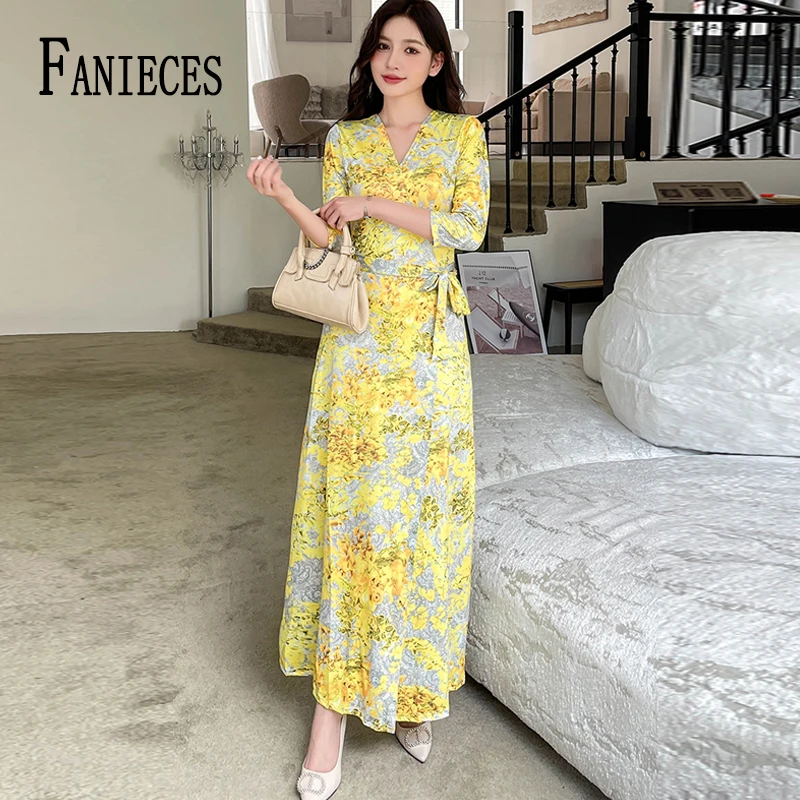 

FANIECES Yellow Boho Print Sexy V Neck One Piece Wrap Long Dresses 2024 New Half Sleeve Side Split Maxi Dress Holiday Beach Robe