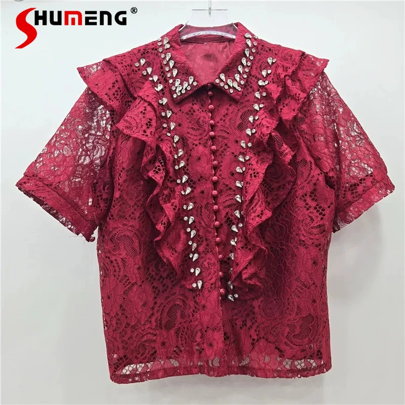 

Женские летние новинки 2026: Элегантные рубашки с бриллиантовой инкрустацией, модные кружевные топы с вырезами в виде листьев лотоса, женские блузки с отложным воротником