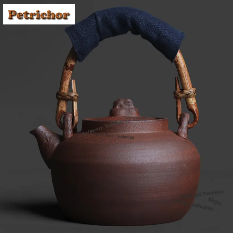 500ml Coarse Pottery Taihu Stone Lifting Handle Boiling Water Kettle Large Capacity Tea Maker Pot Yellow Rice Wine Kettle Tea
