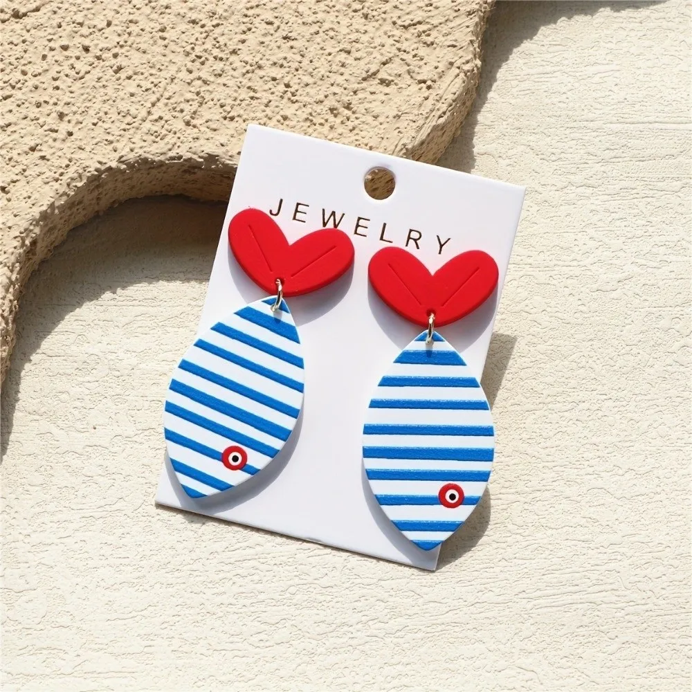 Cute Blue Stud Earrings Striped Print Fish Tail Acrylic Earrings Accessorie Beach Vacation Design Party Jewelry Gifts for Women