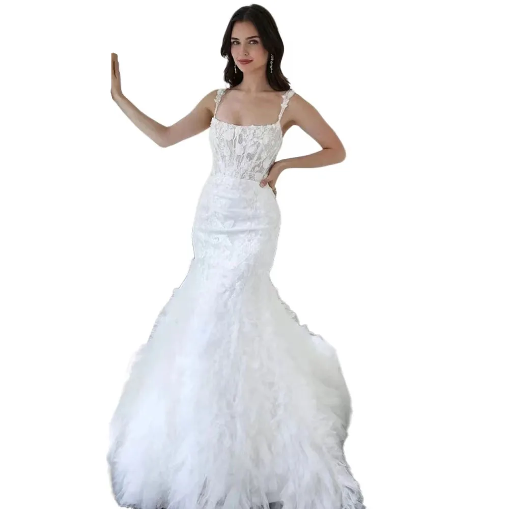 2024 Sexy Meerjungfrau Hochzeit Kleid Spitze Quadrat Kragen Braut Kleider Spaghetti-trägern Angepasst Formale Frauen Kleidung