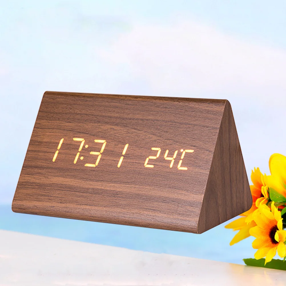 Cyfrowy budzik LED z drewnianym wykończeniem, podświetlany, cichy, z wyświetlaczem temperatury, regulacją jasności, brązowy zegar biurkowy dla nastolatków.