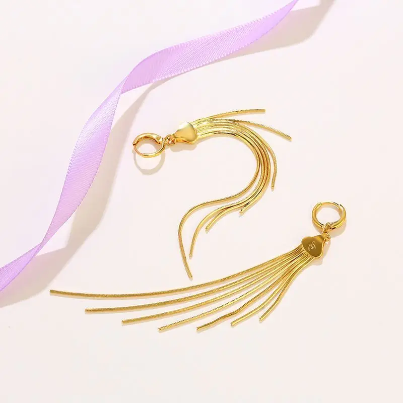 MxGxFam Pure Gold Color 7 Lines Long Tassel Drop Earrings for Women Fashion Jewelry