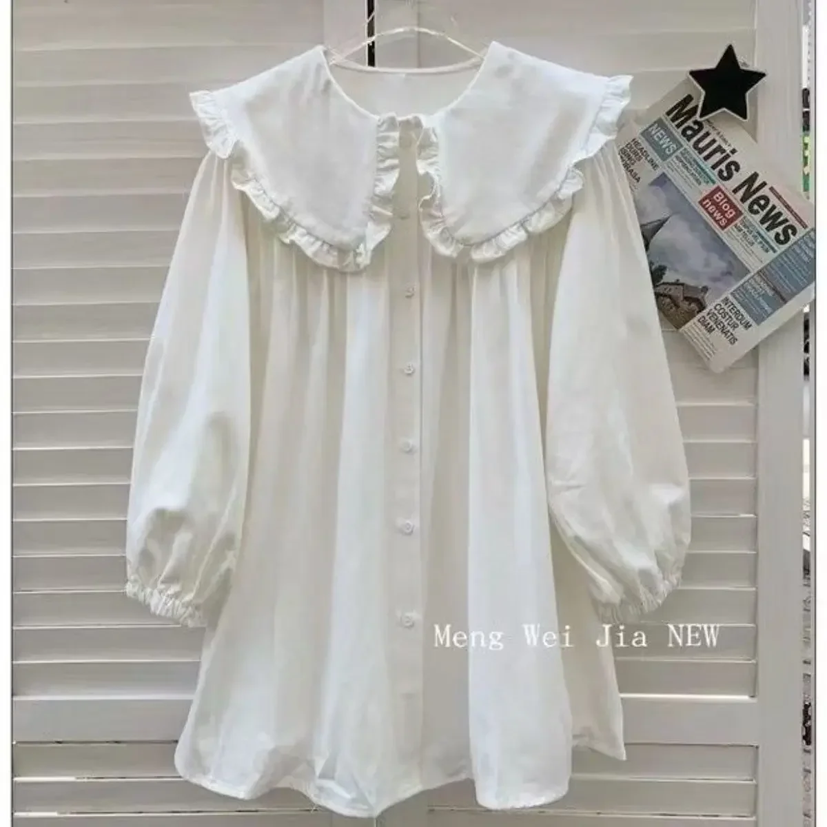 Damenhemden, einfarbig, mit langen Puffärmeln, Peter-Pan-Kragen, koreanischer Stil, modische Oberteile, Retro-Damenbluse, schlicht, lässig, vielseitig kombinierbar. – Detail 13
