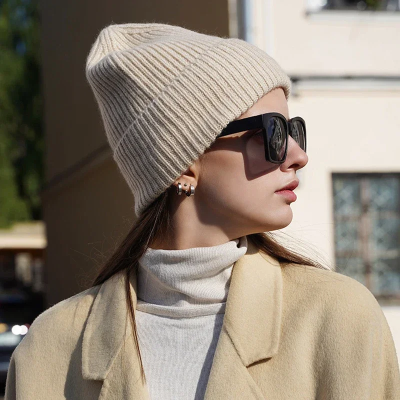 

Thick Wool Beanie Hat for Women Winter Solid Color Soft Warm Knitted Skullies Cap Men Y2K Street Style Ski Bonnet Flipped Heap