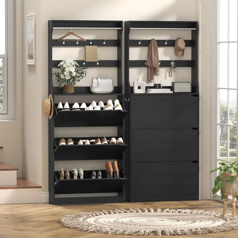 Shoe Cabinet with Coat Rack, Slim Hidden Shoe Storage Cabinet for Entryway,Freestanding Shoes Rack Organizer with 3 Flip Drawers