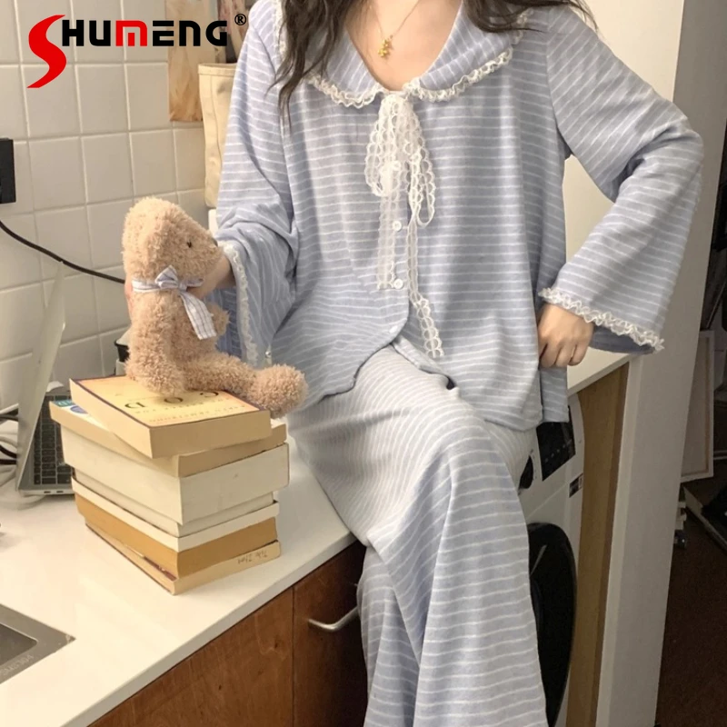 سميكة الأزرق مخطط منامة للنساء الخريف الشتاء جديد الدافئة الصوف النوم الدعاوى الإناث الراقية الصوف Homewear مجموعة