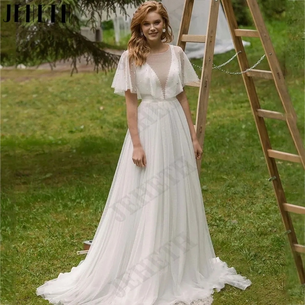 JEHETH Short Batwing Sleeves A-Line Bride Gowns 2024 O-Neck Backless Wedding Dresses Back Buttons Beading Tulle vestido de novia