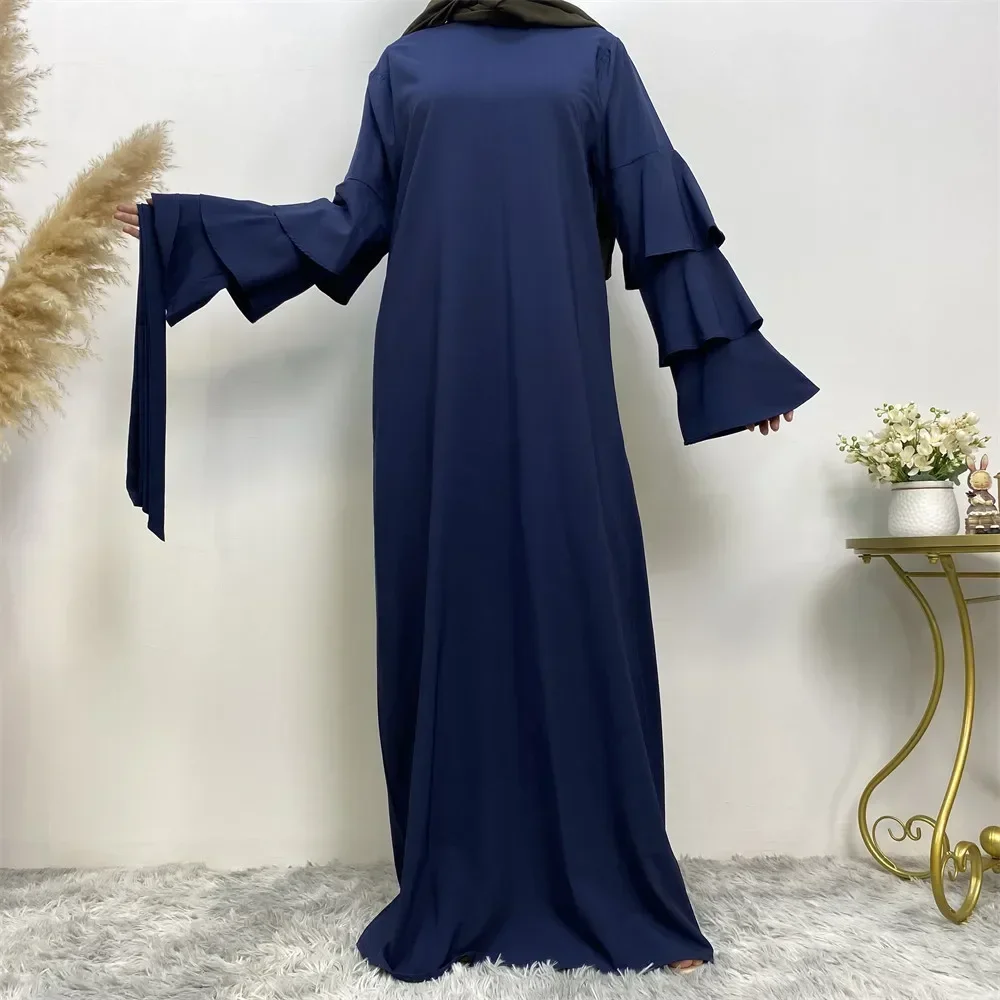 Solid Women Dress 2023 Multilayer Long Sleeve Abayas for Women O-neck Elegantes Party Evening Long Dress Lace-up Women Clothing