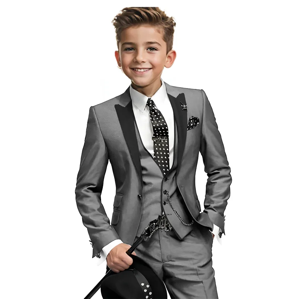 

Gray Elegant Kids Suit Three Piece Wedding Groom Tuxedo Slim Fit Jacket Pants Vest Formal Party Suits