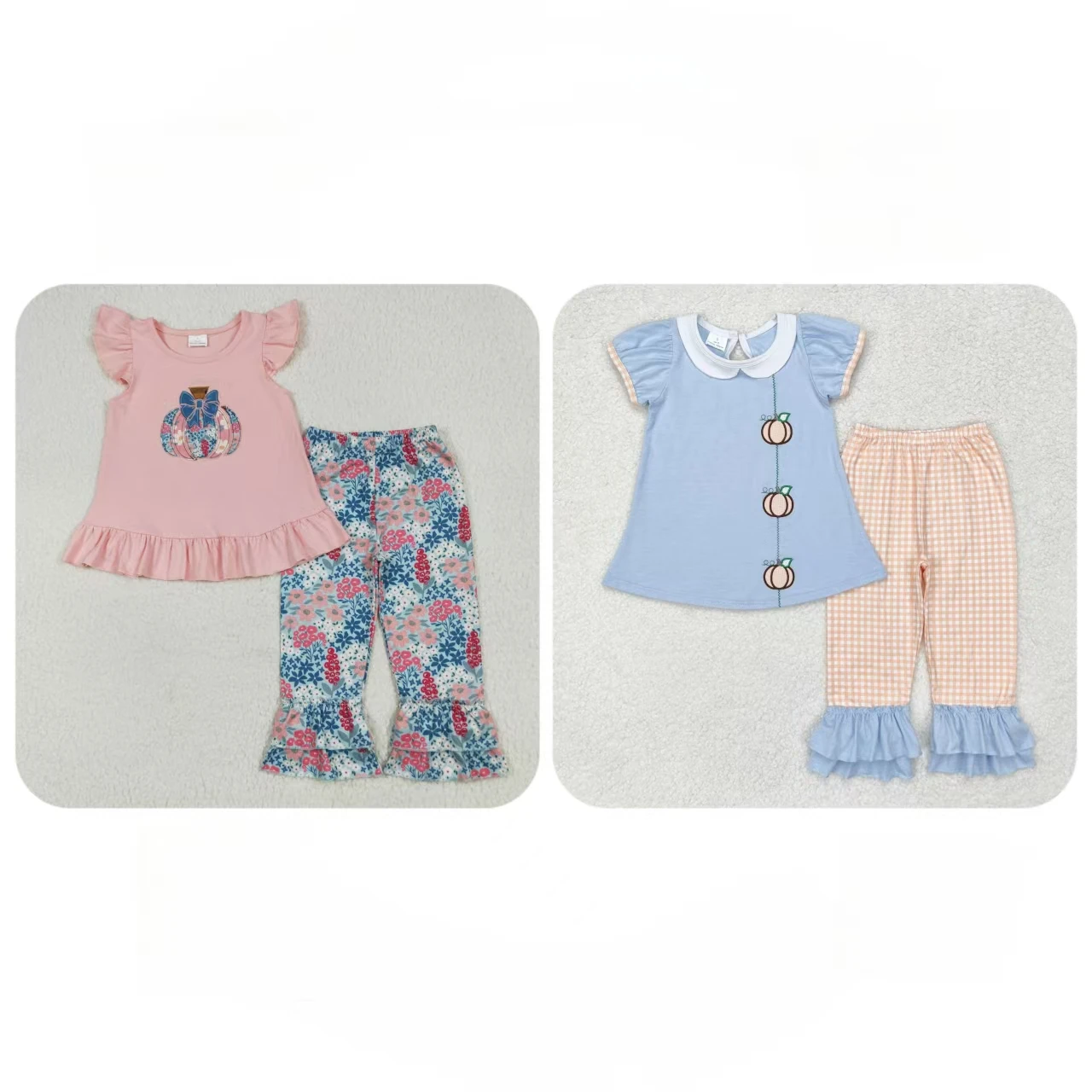 Wholesale Toddler Short Sleeves Pumpkin Bows Embroidery Shirt Baby Girl Thanksgiving Outfit Flower Pants Kids Children SetI