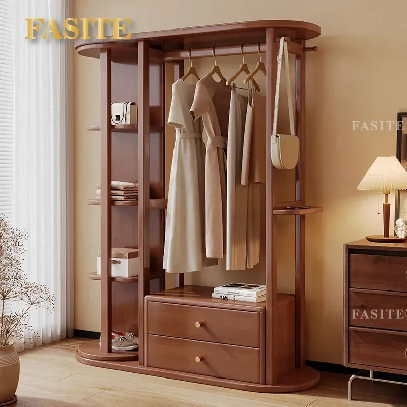 For Solid Wood Coat Rack Floor Standing with Mirror Multi Layer Shelf Storage Cabinet Simple Household Hanger Behind Door
