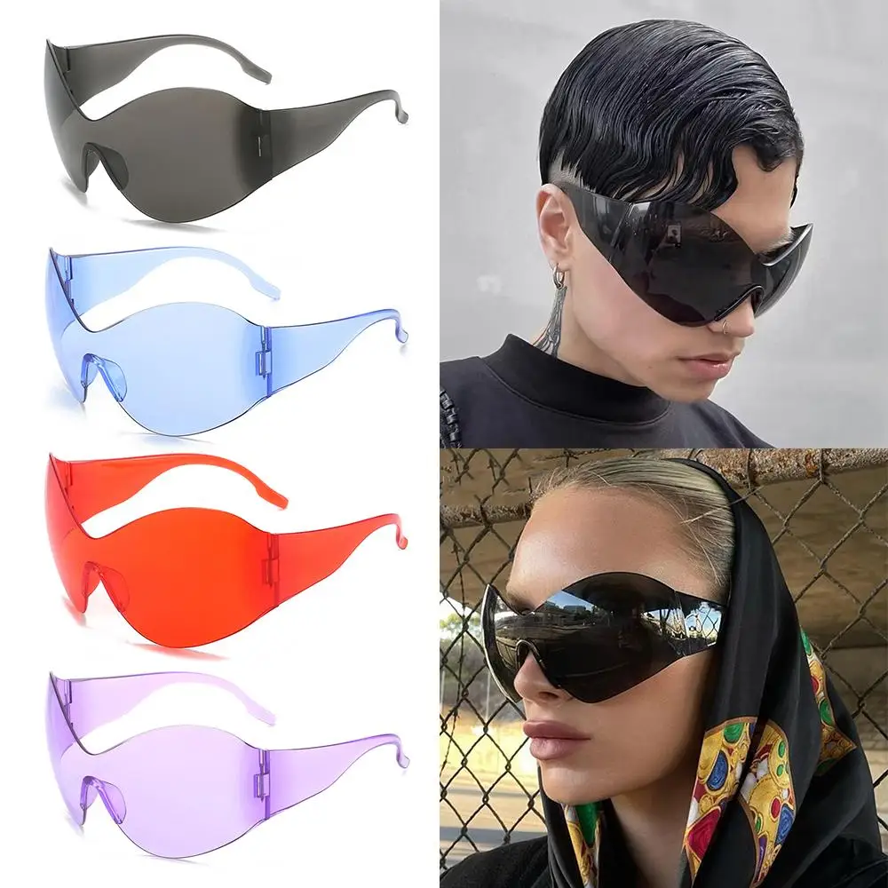 Oversized Futuristic Sunglasses for Women Men Rimless Y2K Sun Glasses Wrap Around Black Sun Glasses UV400 Protection Shades
