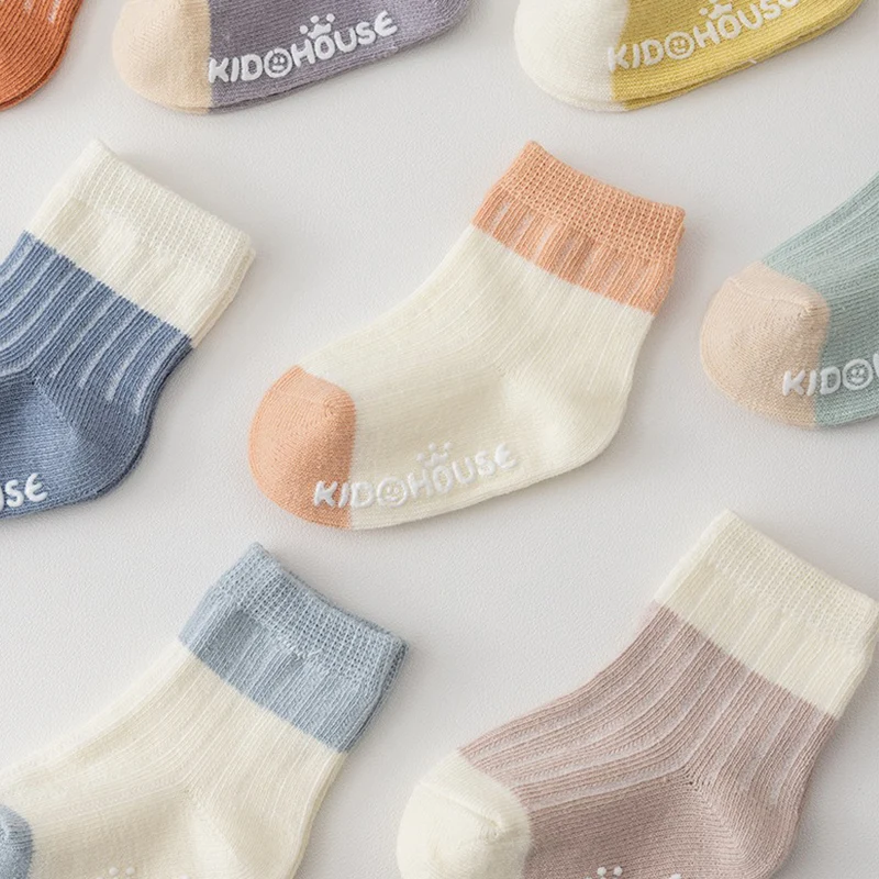 Newborn Baby Contrast Color Combed Cotton Soft Non-Slip Socks with Rubber Bottom Comfortable Skin-Friendly Casual Mid-Tube Socks