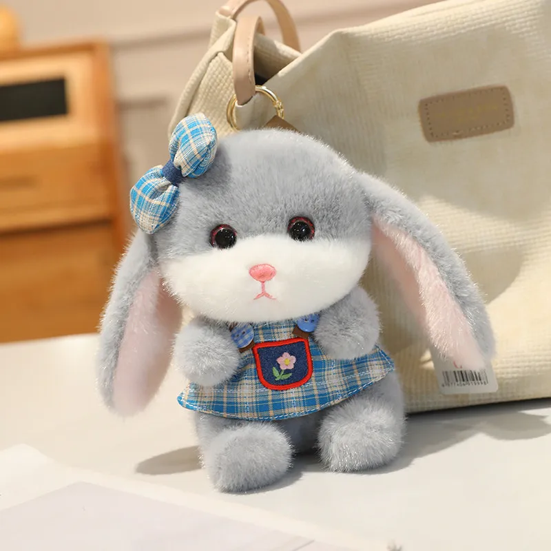 Soft Plush Rabbit Bag Charm Silver Glitter Fabric Detachable Gingham Apron Embroidered Bunny Keychain Stuffed Mini Gift 16cm
