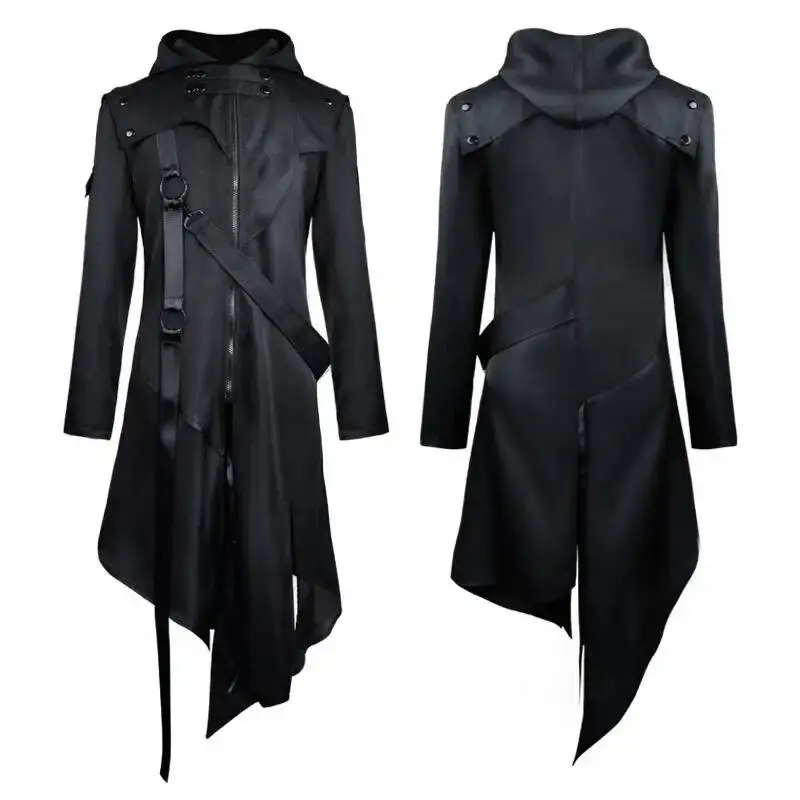 

2025 Men Vintage Halloween Medieval Steampunk Assassin Elves Pirate Costume Black Long Split Jacket Gothic Armor Leather Coats