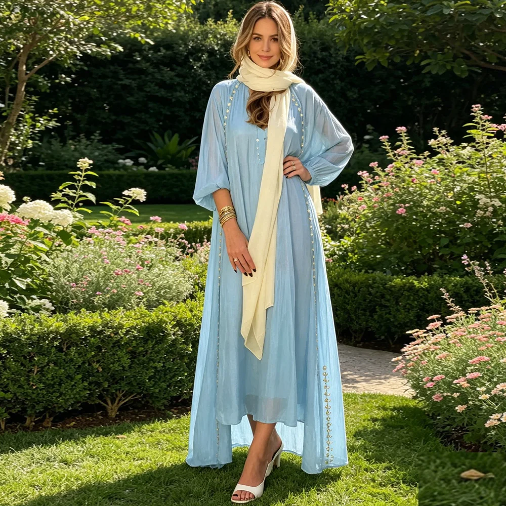 

Muslim Fashion Shiny Satin Dress Beaded 2 Piece Set Abaya Kimono Cardigan Women Ramadan Kaftan Gown Dubai Jalabiya Djellaba Robe