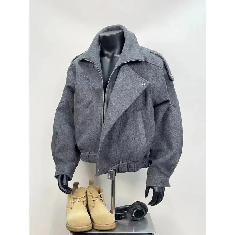 Mens Jacket Harajuku Cleanfit Short Wool Coat Autumn Winter Deconstructed Thickened Loose Silhouette Casual Streetwear Fashion