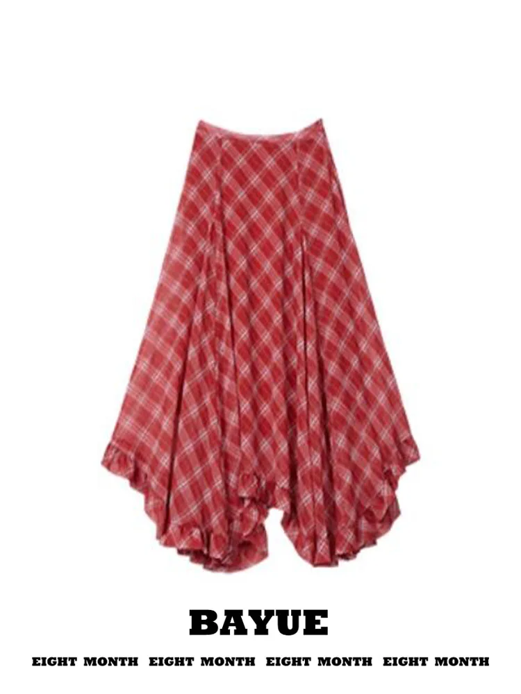 

Vintage Red Plaid Skirt Women's Summer Thin High Waist Slimming Long Skirt Drapey A-Line Silhouette City Commute Wear