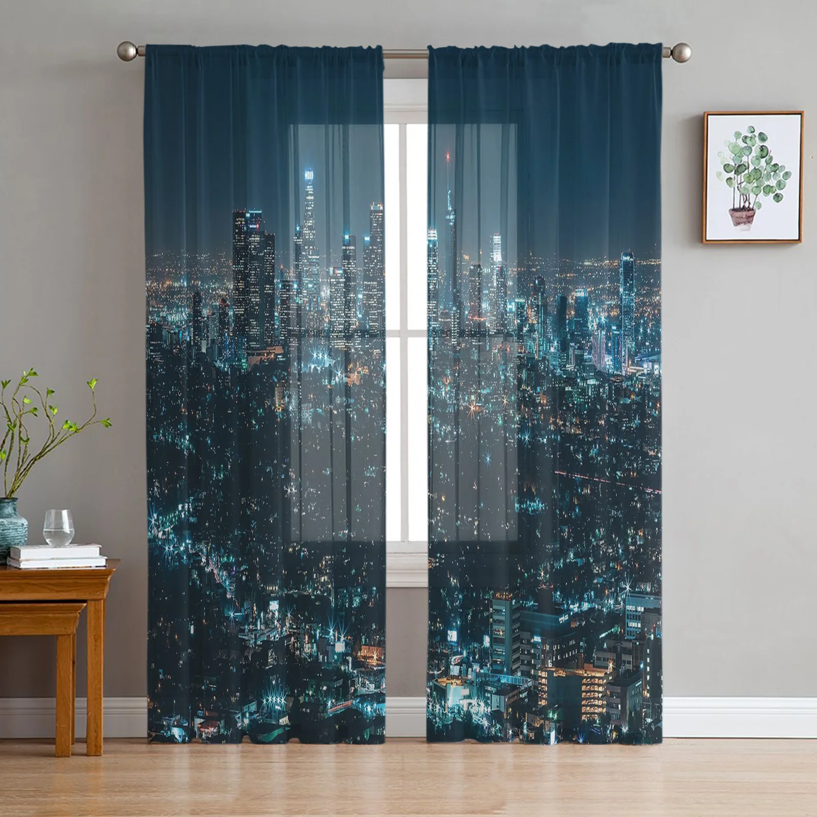 City Night View Urban Area Skyscraper Sheer Curtains for Living Room Decoration Window Curtains Kitchen Tulle Voile Curtains