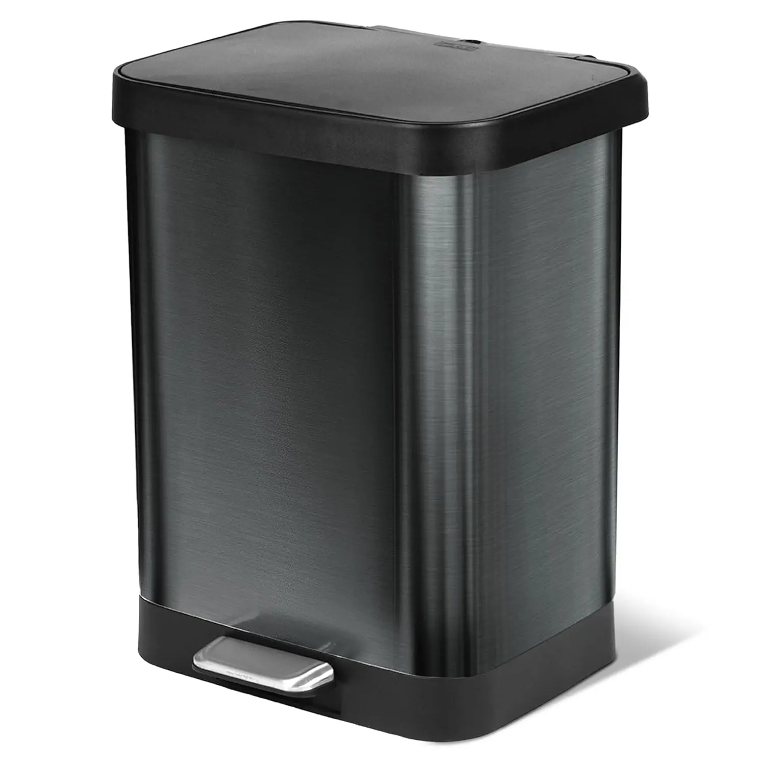 

13 Gallon Stainless Steel Trash Can with Odor Protection, Soft Close Lid, Step On Foot Pedal, Bag Rings, Rear Bag Storage, Pewter
