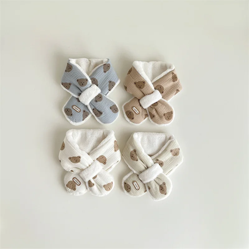 Bär Baby Winter Schal für Mädchen Jungen Koreanische Warme Fleece Kinder Hals Wärmer Kreuz Kinder Schals Baby Zubehör 1-6Y – Detail 1