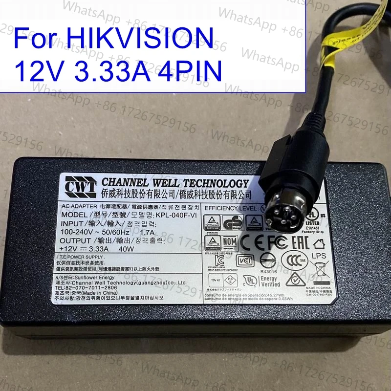 CWT 12V 3.33A 4PIN AC DC Adapter For HIKVISION Video Recorder 40W Power Supply Charger Adaptor KPL-040F-VI KPL-040F