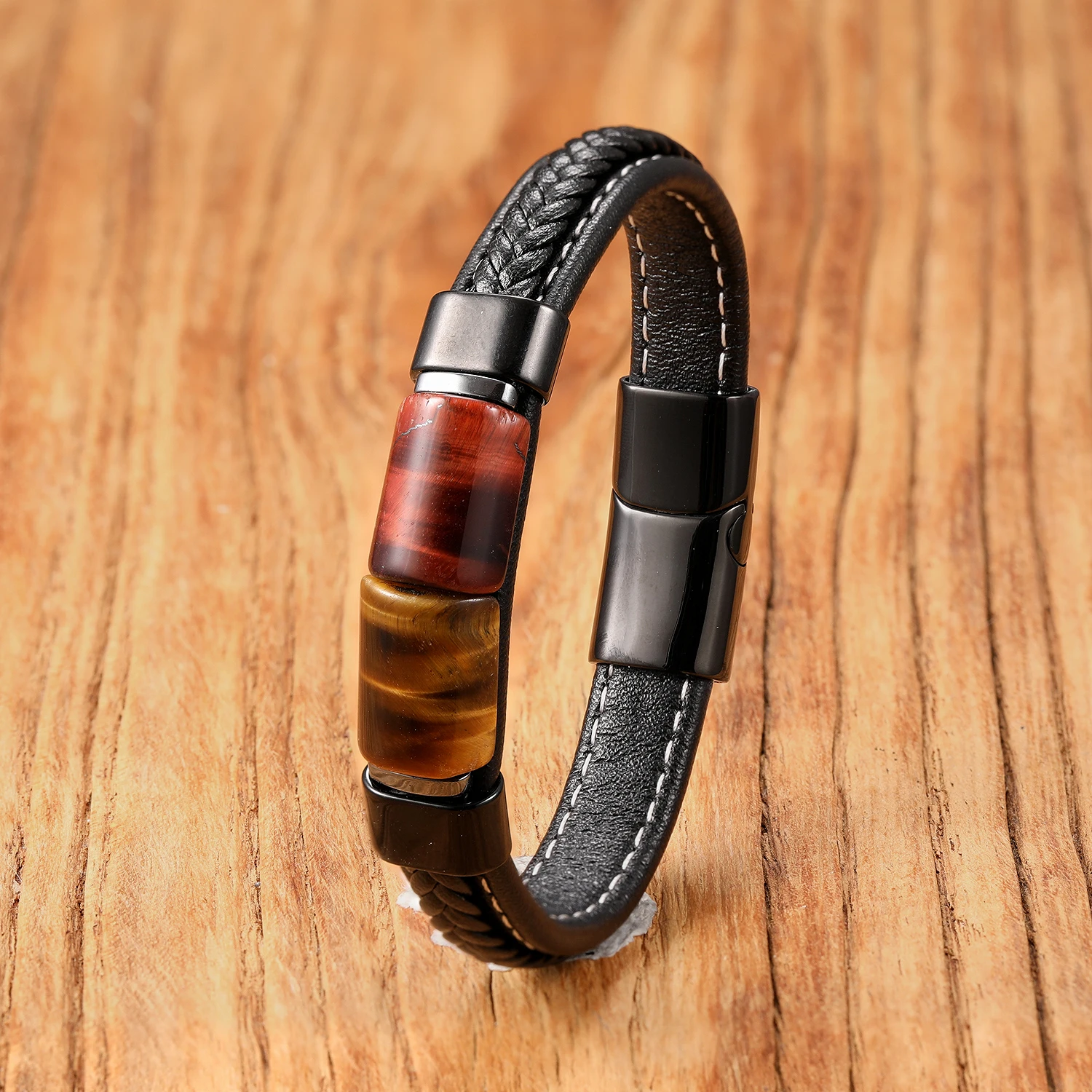 Natürliches Tigerauge-Steinarmband für Männer Hochwertiger Edelstahl Lederband Energiestein Pulseras Hombre Geschenk für Ihn – Detail 6