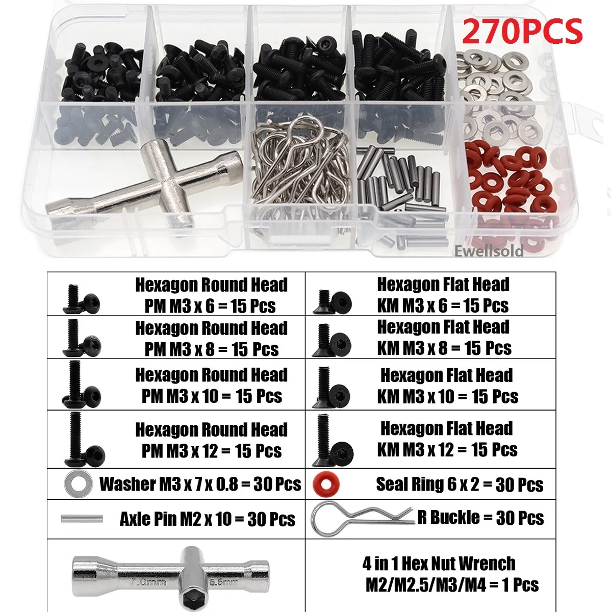 270pcs 1/10 HSP RC Car D3/D4/XIS DIY Parts Special Repair Tool & Screws Box Set