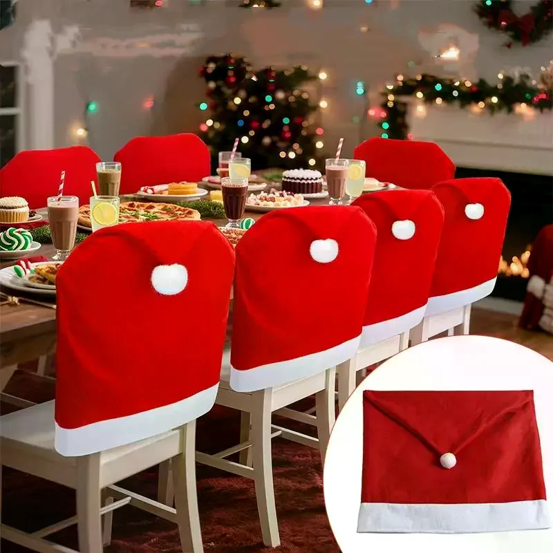 1/4/6/8/12 Fundas para sillas con diseño de gorro de Papá Noel, con ribete blanco suave y adorable pompón, para decoración navideña del hogar.