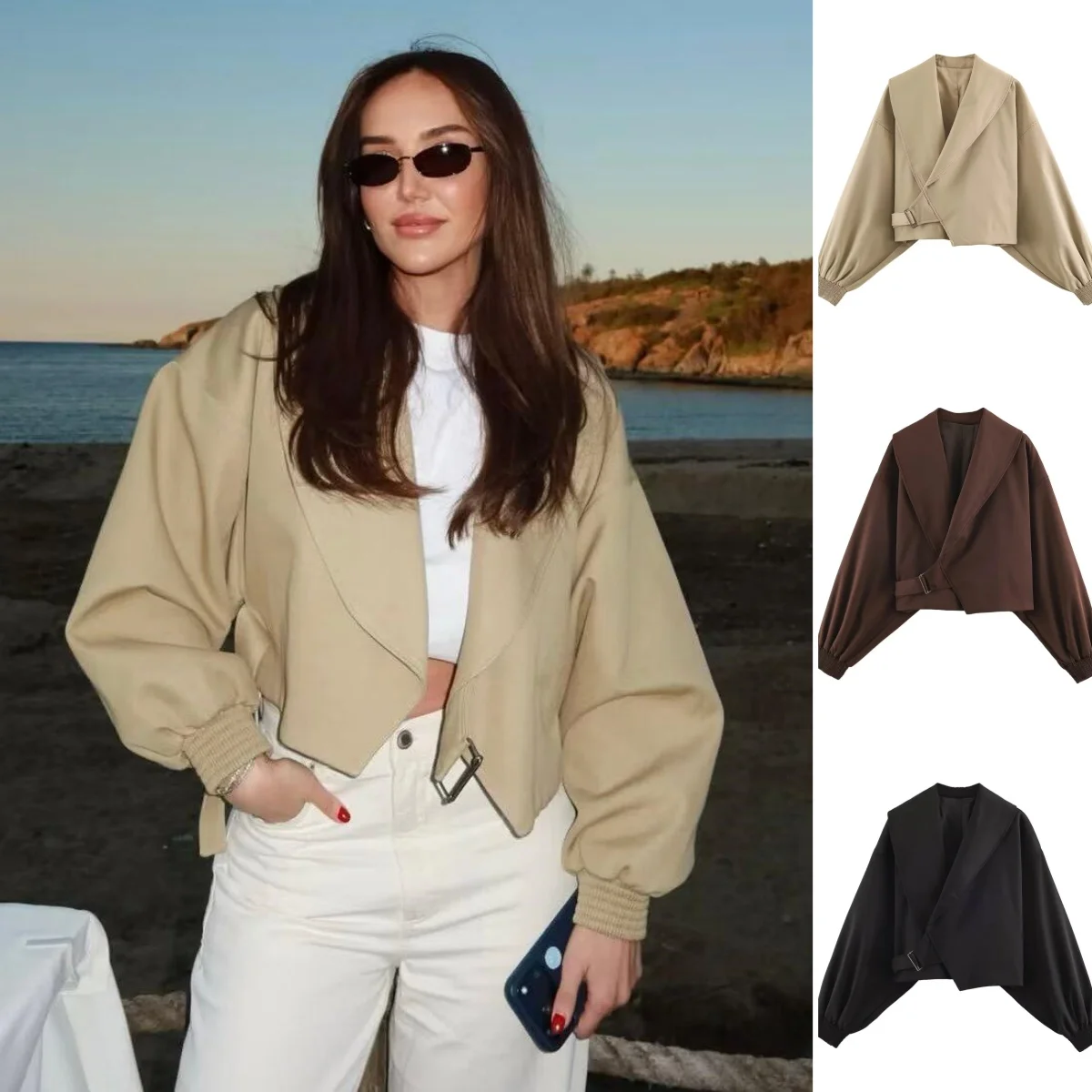 

BSAY 2026 New Women Big Lapel Asymmetric Cross Front Jacket Long Sleeve Elastic Cuff Solid Cropped Casual Outdoor Outerwear Coat