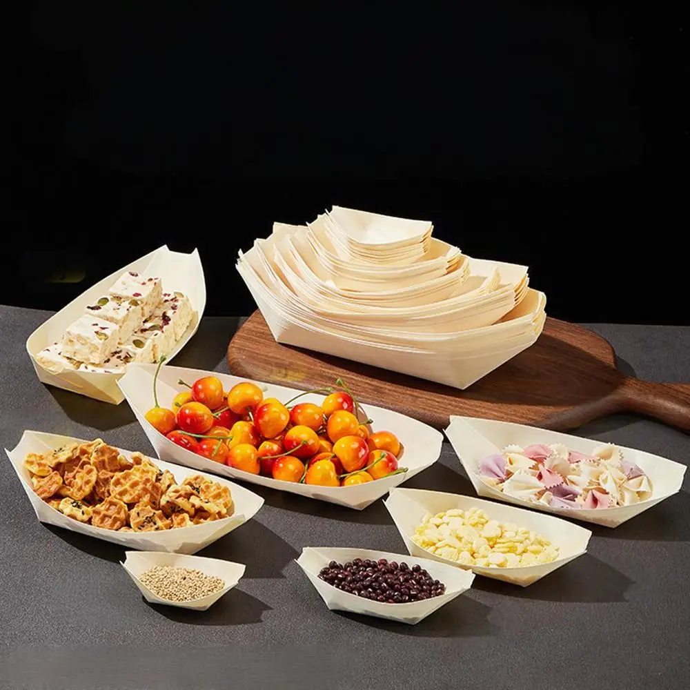 50PCS Multi-size Disposable Wooden Boat-shaped Plate Boat-shape Tray Japanese Dish Sushi Plate Food Serving Wood Bowl