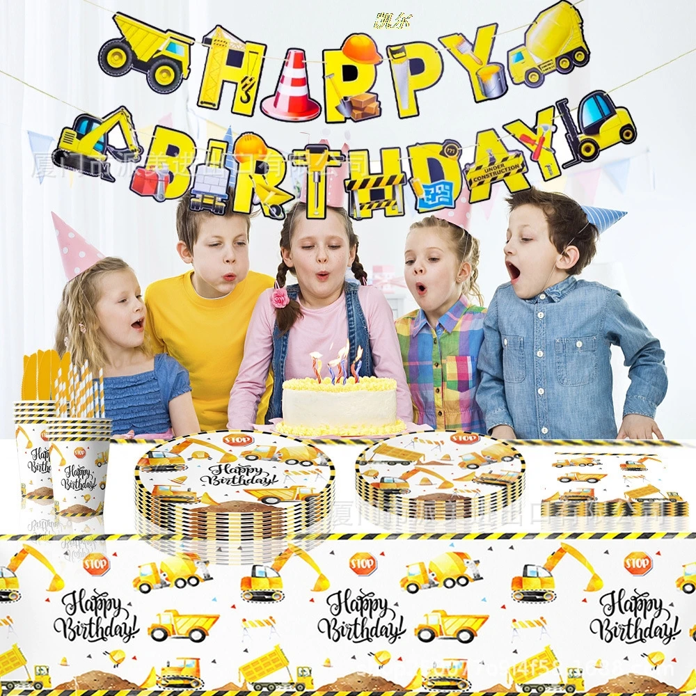 Yellow Excavator Construction Vehicle Theme Children and Boys Birthday Party Decoration Event Set Up Cutlery Set On Site