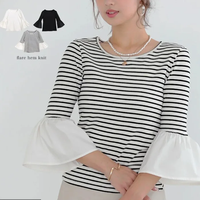 

Loose Knitted Top with Bell Sves round Ne Seven Sve Cross-Border Sle Japanese Sle Color Blo Striped Tube Top