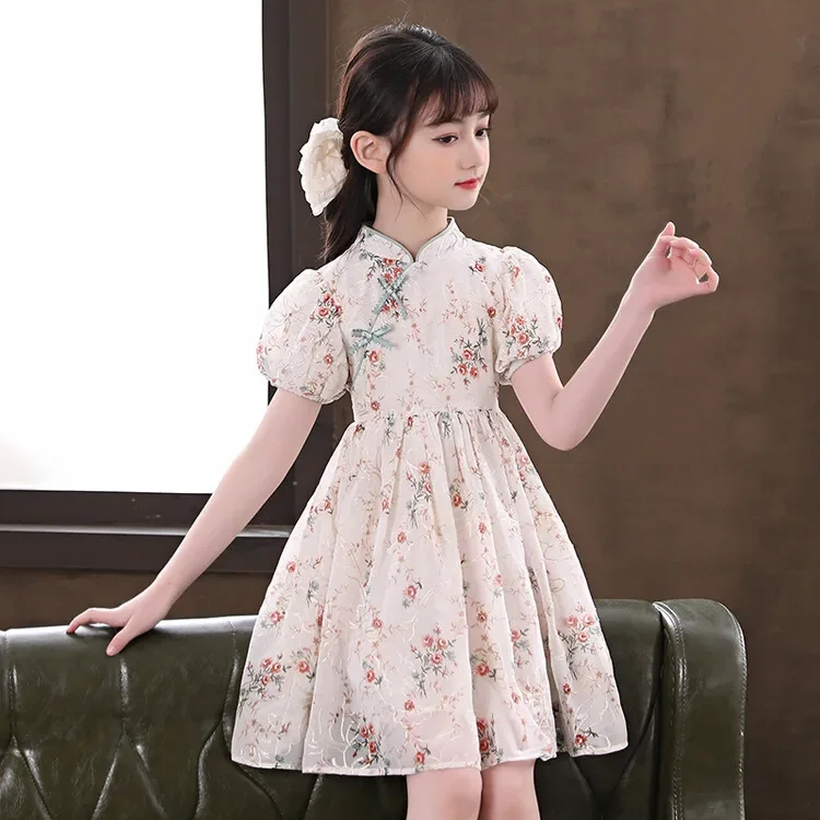 

Kids Cheongsam Dresses for Girls New Fashion Flower Teen Clothes Sweet Korean Kids Party Costume Summer Elegant Dress 4-14Years