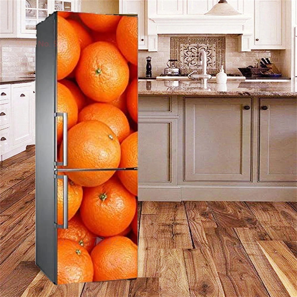 Kitchen Fruit Vegetable Vinyl Fridge Stickers Full Door Cover Adhesive Refrigerator Wallpaper Pink Flower Marble Butterfly Decal