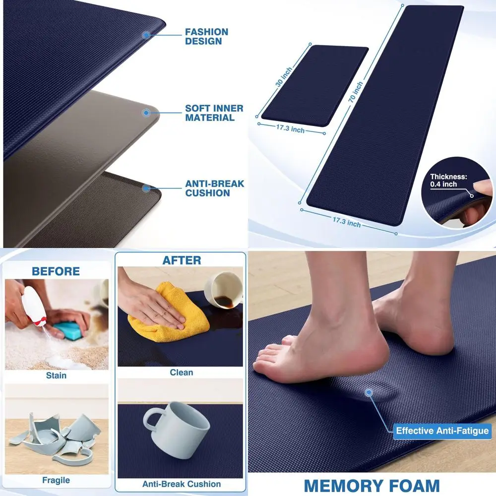 

Мягкие кухонные коврики против усталости, набор из 2 предметов, нескользящие, водонепроницаемые коврики, 17,3x30 и 17,3x70, синие