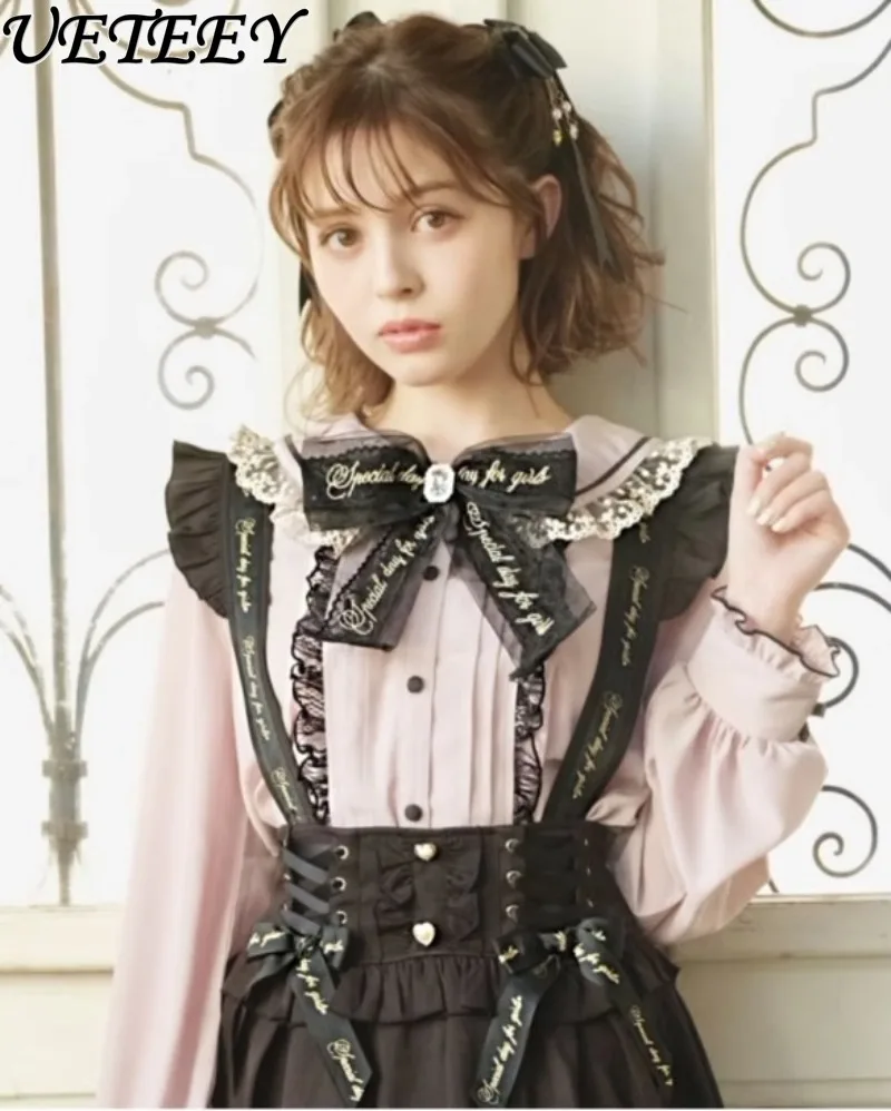 

Spring New Letter Embroidered Bow Lace Bottoming Shirt Lolita Mine Sweet Cute Girl Pink Doll Collar Long Sleeve Tops Camisas