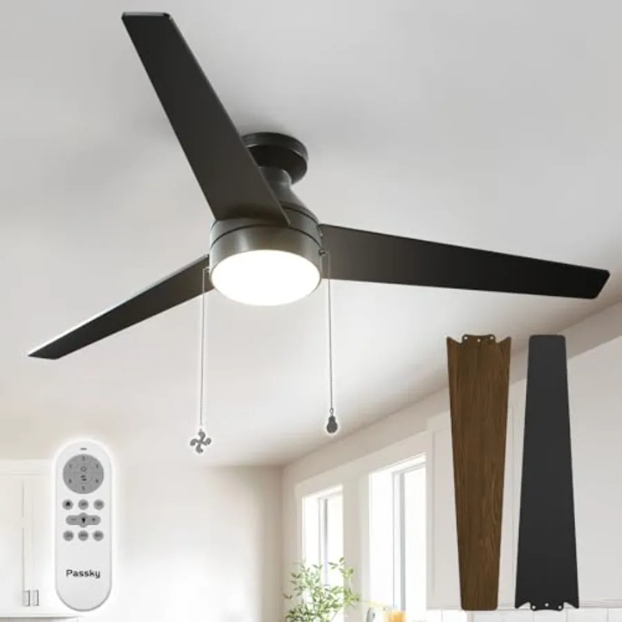 

52-дюймовый низкопрофильный потолочный вентилятор с подсветкой для спальни, скрытого монтажа, реверсивный, с регулировкой цветовой температуры (5CCT), бесшумный, черный, с вытяжным шнуром