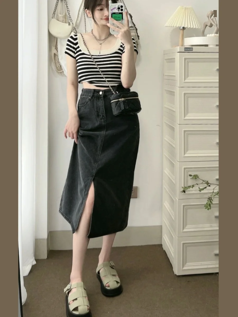 

High Waist Midi Skirt Asymmetrical Hem Denim Women's Summer plus Size Korean Sle Slimming Bodycon Skirt