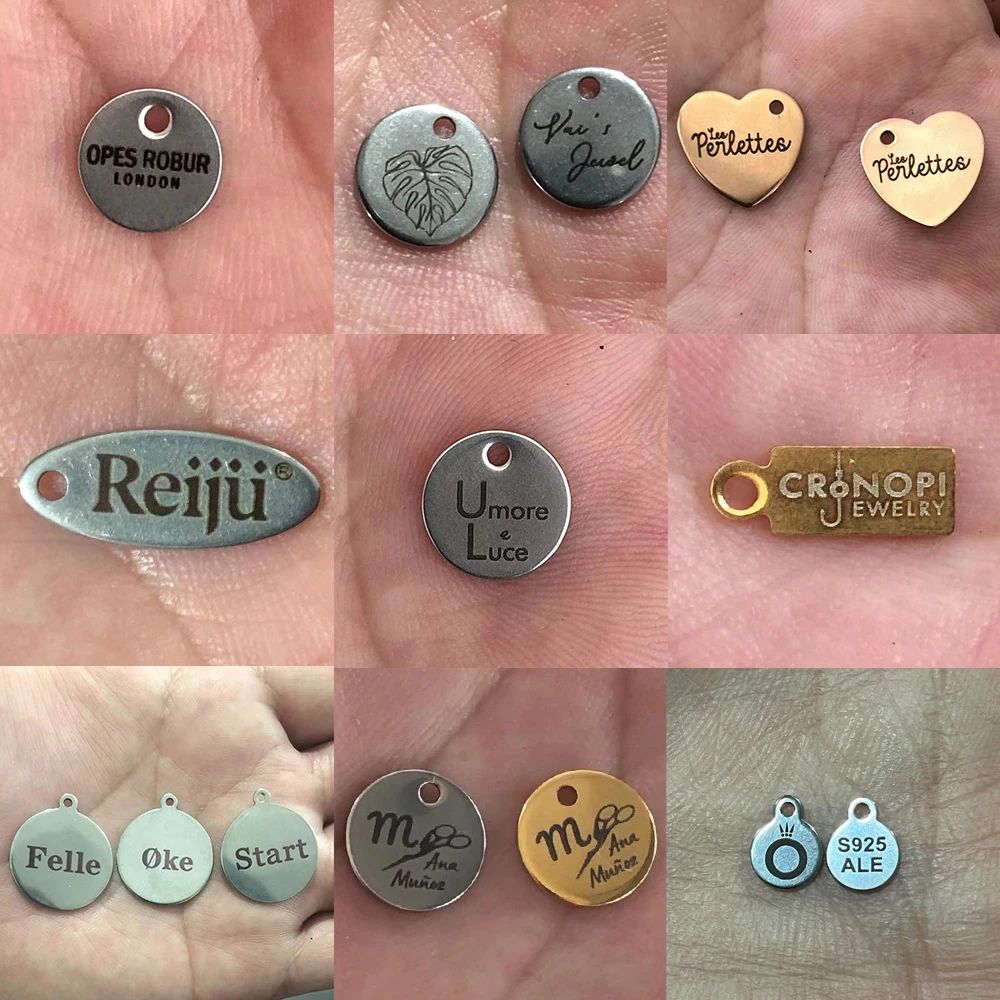 100 pezzi personalizzati con incisione laser nome LOGO etichette personalizzate in acciaio inossidabile logo personalizzato per ciondoli pendenti con collana fai da te